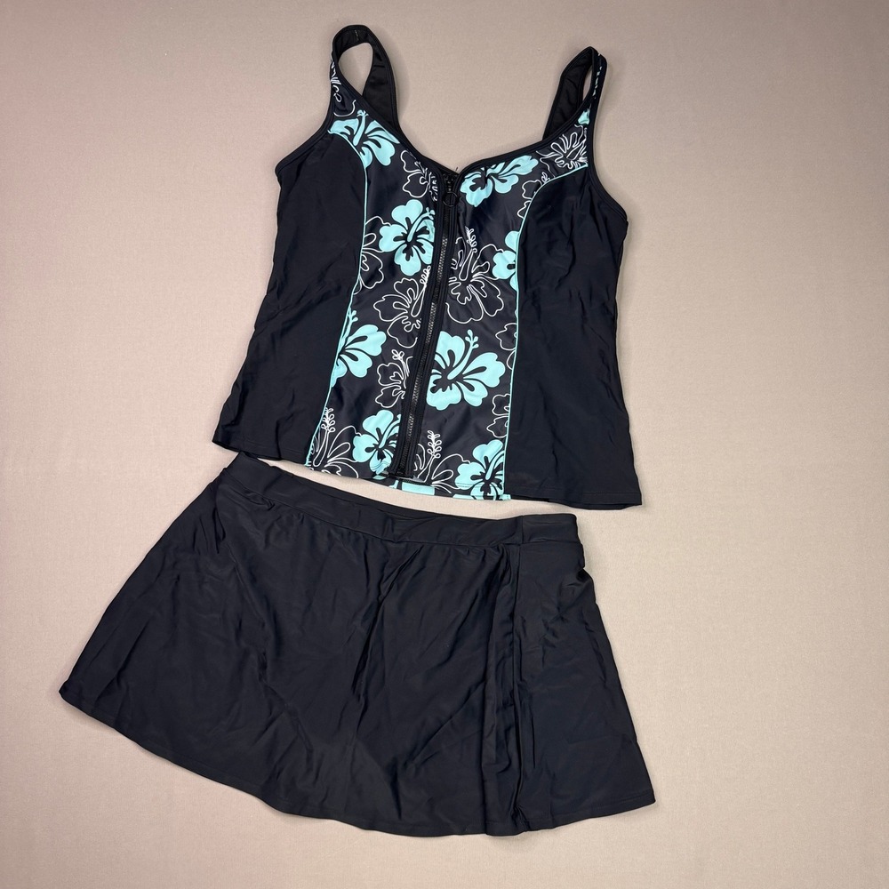 Floral Zip Front Tankini Swim Set with Skirt Black Turquoise XL